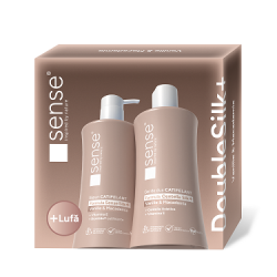 Set Cadou cu Lufa, DoubleSilk+, Vanilie & Macadamia, Săpun lichid gel 330ml & Gel de dus 330ml – SENSE 