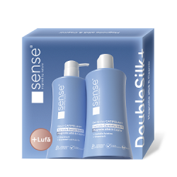 Set Cadou cu Lufa, DoubleSilk+, Magnolie albă & Cașmir, Săpun lichid gel 330ml & Gel de dus 330ml – SENSE