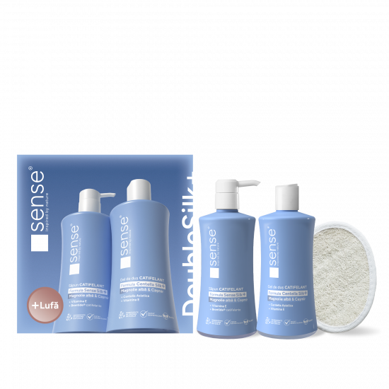 Set Cadou cu Lufa, DoubleSilk+, Magnolie albă & Cașmir, Săpun lichid gel 330ml & Gel de dus 330ml – SENSE