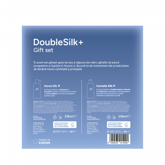 Set Cadou DoubleSilk+ Magnolie alba & Casmir, Sapun lichid gel 330ml & Gel de dus 330ml – SENSE