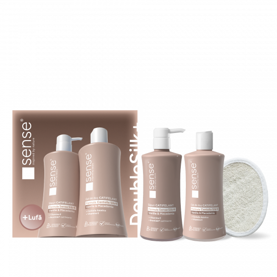 Set Cadou cu Lufa, DoubleSilk+, Vanilie & Macadamia, Săpun lichid gel 330ml & Gel de dus 330ml – SENSE 