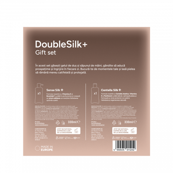 Set Cadou cu Lufa, DoubleSilk+, Vanilie & Macadamia, Săpun lichid gel 330ml & Gel de dus 330ml – SENSE 