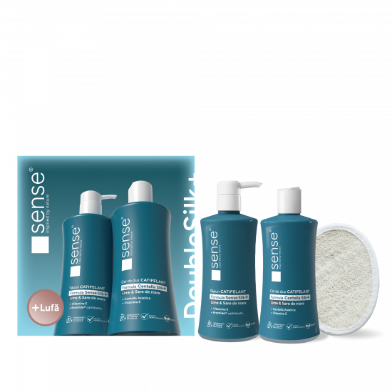 Set Cadou cu Lufa, DoubleSilk+, Lime & Sare de mare, Săpun lichid gel 330ml & Gel de dus 330ml – SENSE 