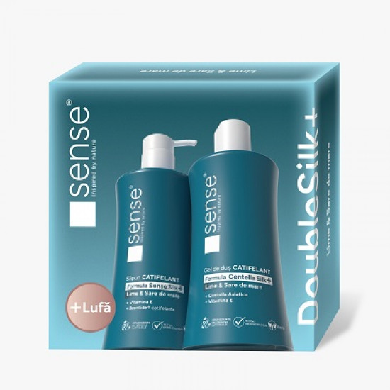 Set Cadou cu Lufa, DoubleSilk+, Lime & Sare de mare, Săpun lichid gel 330ml & Gel de dus 330ml – SENSE 