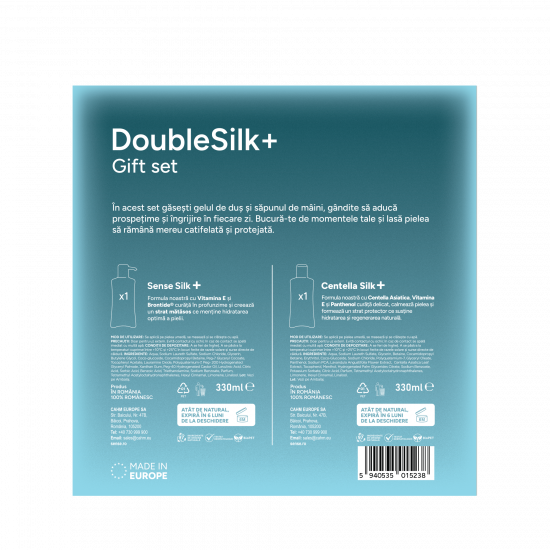 Set Cadou DoubleSilk+ Lime & Sare de mare, Sapun lichid gel 330ml & Gel de dus 330ml – SENSE 